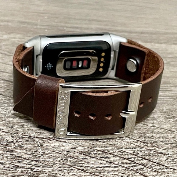 Dark Brown Leather Silver Fitbit Charge 5 Band Women Strap Bracelet - Picture 3 of 8